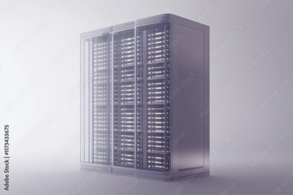 Poster a modern data center server rack featuring illuminated components, showcasing cutting-edge technolog