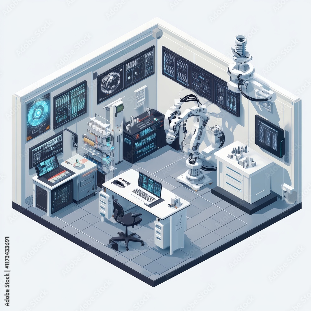 Poster a white room with a desk and a robot. the robot is on the right side of the room