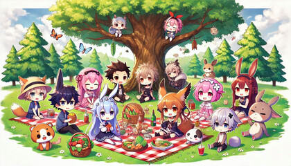 Charming Group Picnic With Adorable Characters Under a Shady Tree
