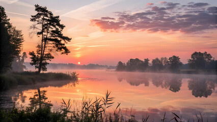 Fototapeta premium Serene Sunrise Over Calm Lake with Trees and Misty Landscape