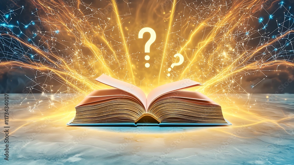 Poster mystical open book with glowing light and abstract elements symbolizing the intersection of world ph