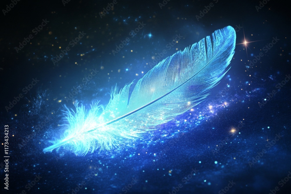Poster feather is floating in the sky with stars and a blue background. the feather is illuminated
