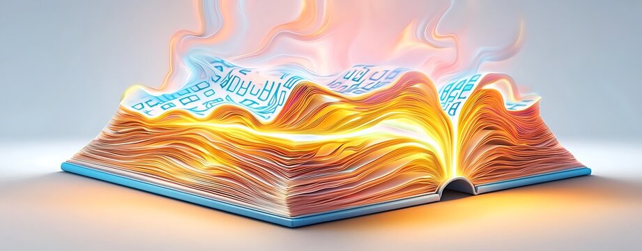 A Glowing Pastel Book Representing Zamenhof Day with Abstract Elements and Flames in a Dreamlike Landscape