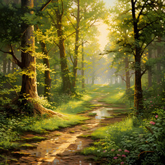 Obraz premium Sun-kissed Forest Path: A Lyrical Portrayal of Nature's Tranquility and Timelessness