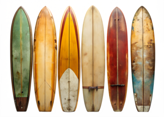 set of old used vintage surfboards isolated on a transparent background