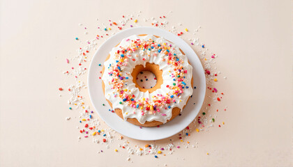 Sprinkled donut on white plate with colorful decoration, Mardi Gras