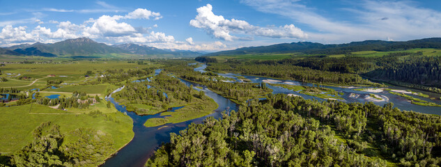 Panoramic view of the Snake River and Fall Creek Falls located in the Swan Valley, Idaho, USA.  Summer 2023.