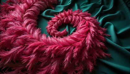 Pink feather wreath on emerald green fabric, Mardi Gras