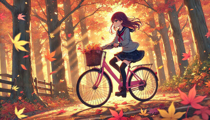 Young Girl Cycling Through an Autumn Forest at Sunset