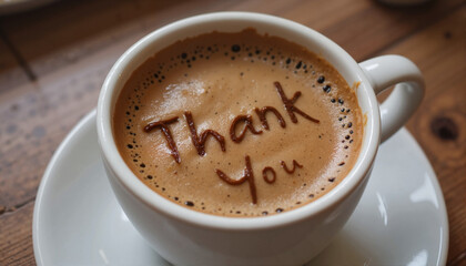 Coffee cup with "Thank You" message on wooden table, International Thank You Day