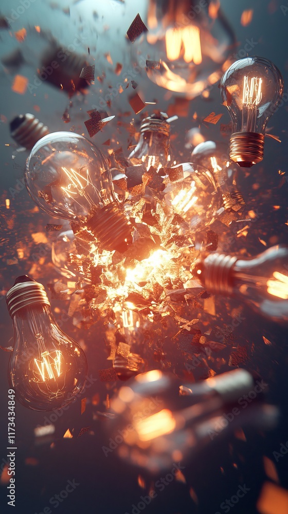 Poster dynamic image of light bulbs shattering with glowing sparks, creating a dramatic and energetic visua