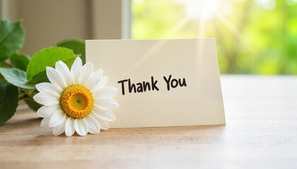Thank you note with flower on wooden table, International Thank You Day
