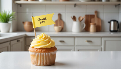 Cupcake with yellow frosting and "Thank you" flag in kitchen, International Thank You Day