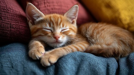 A sleeping orange kitten nestled on colorful pillows.