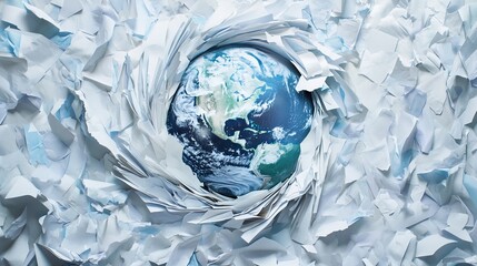 Artistic depiction of Earth encircled by torn paper, highlighting environmental issues and global awareness.