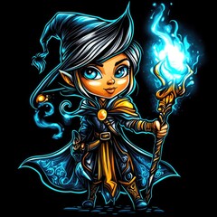 A whimsical cartoon character with magical powers, holding a glowing staff.