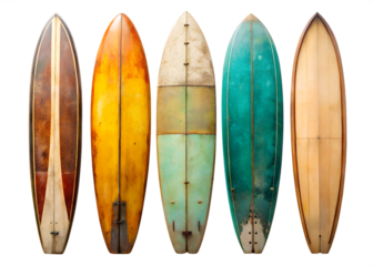 set of old used vintage surfboards isolated on a transparent background