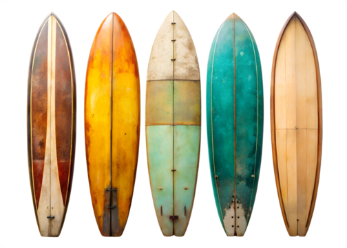 set of old used vintage surfboards isolated on a transparent background