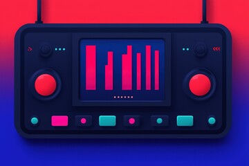 Fototapeta premium Colorful audio mixer with vibrant controls and a sound level display, set against a gradient background. Cybersecurity