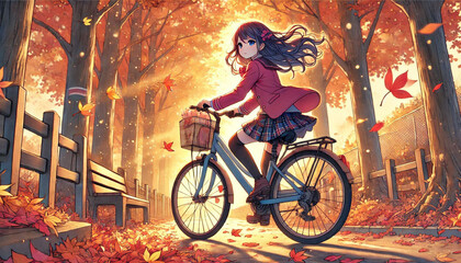 Young Girl Cycling Through an Autumn Forest at Sunset