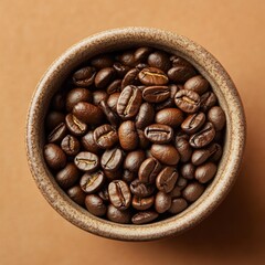 Naklejka premium Dark Roasted Coffee Beans in a Rustic Bowl on a Brown Wooden Background