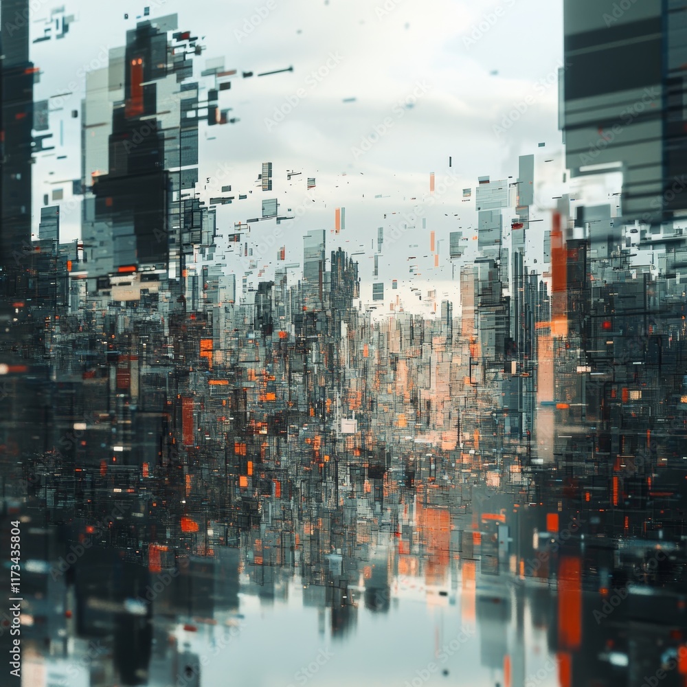 Poster an intriguing abstract representation of a cityscape, featuring distorted and fragmented structures 
