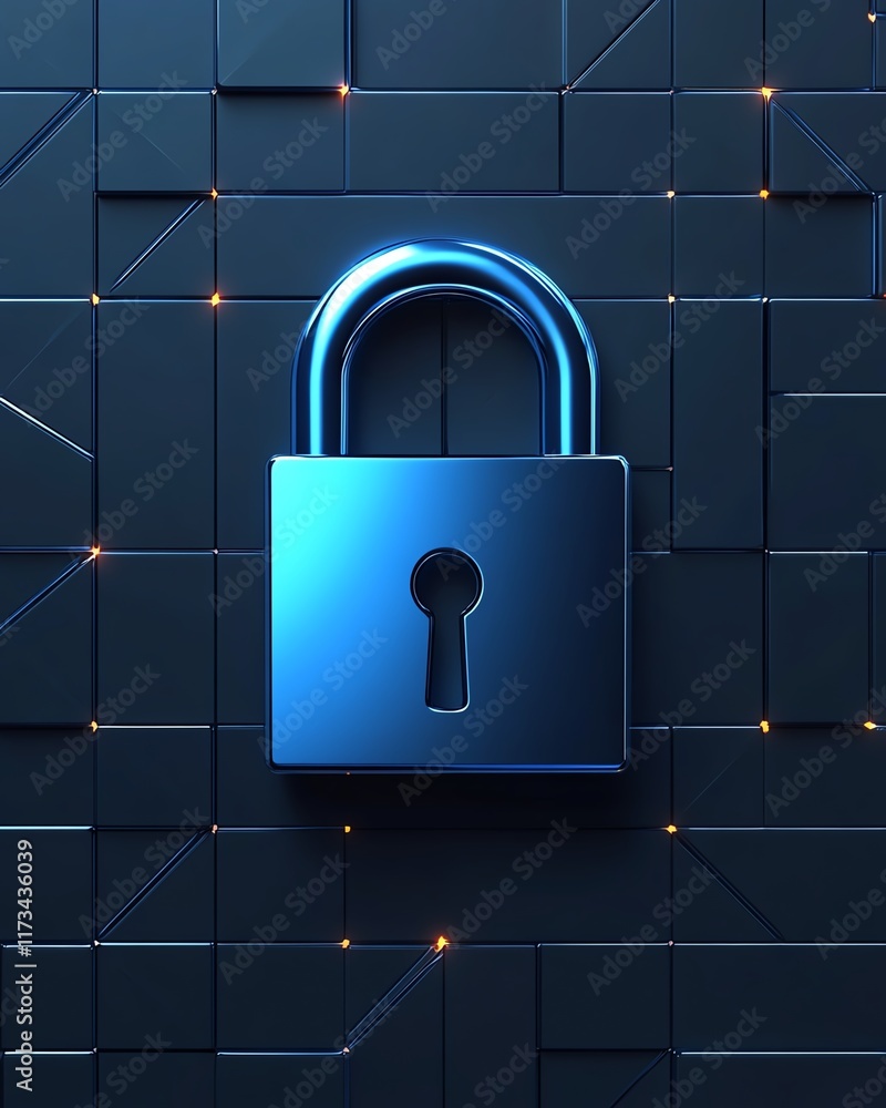Poster 3drendered digital blue closed padlock, top view on abstract dark background with glowing squares an