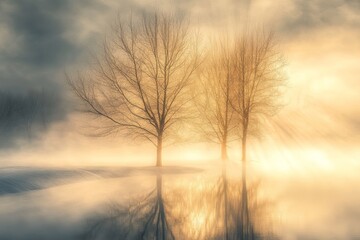Naklejka premium Tranquil scene of bare trees in a misty winter landscape, reflecting in calm water during a golden sunrise.