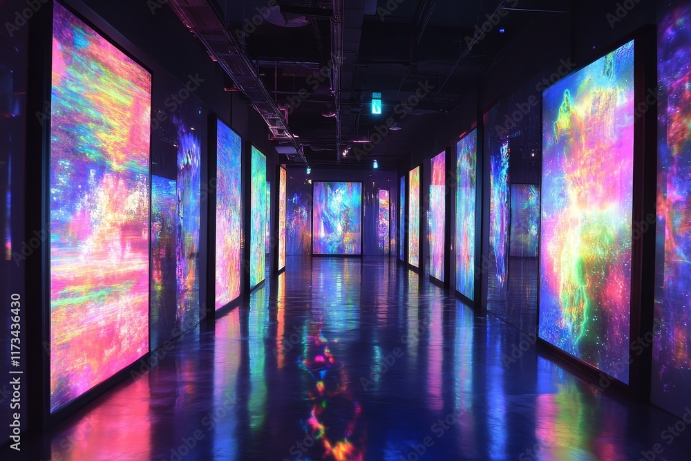 Poster explore a captivating modern gallery space filled with vibrant abstract art, illuminated by dynamic 