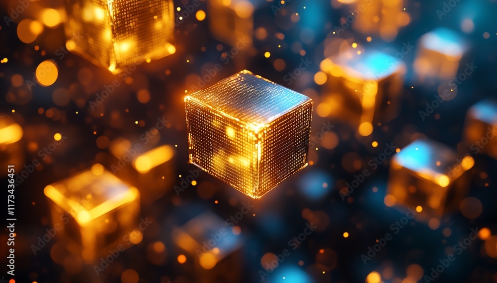 Poster abstract digital cyberspace, matrix background, floating cubes, binary code, 3d rendering, futuristi