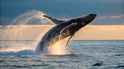 Naklejka premium Majestic Humpback Whale Breaching Against Sunset Ocean Background