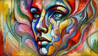 Surreal painting of a face in vivid metamorphosis, blending expressive emotions with abstract shapes, vibrant colors flowing into dreamlike patterns