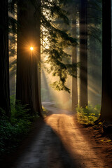 Fototapeta premium Sun-kissed Forest Path: A Lyrical Portrayal of Nature's Tranquility and Timelessness