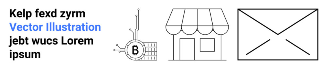 Shop front, circuit with B, and opened envelope. Ideal for technology, business, retail, e-commerce, communication, education, newsletters. Landing page