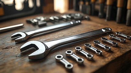 Adjustable wrench metallic jaw sits organized tool set alongside essential tools like screwdrivers and pliers well lit workspace equipped construction tasks.