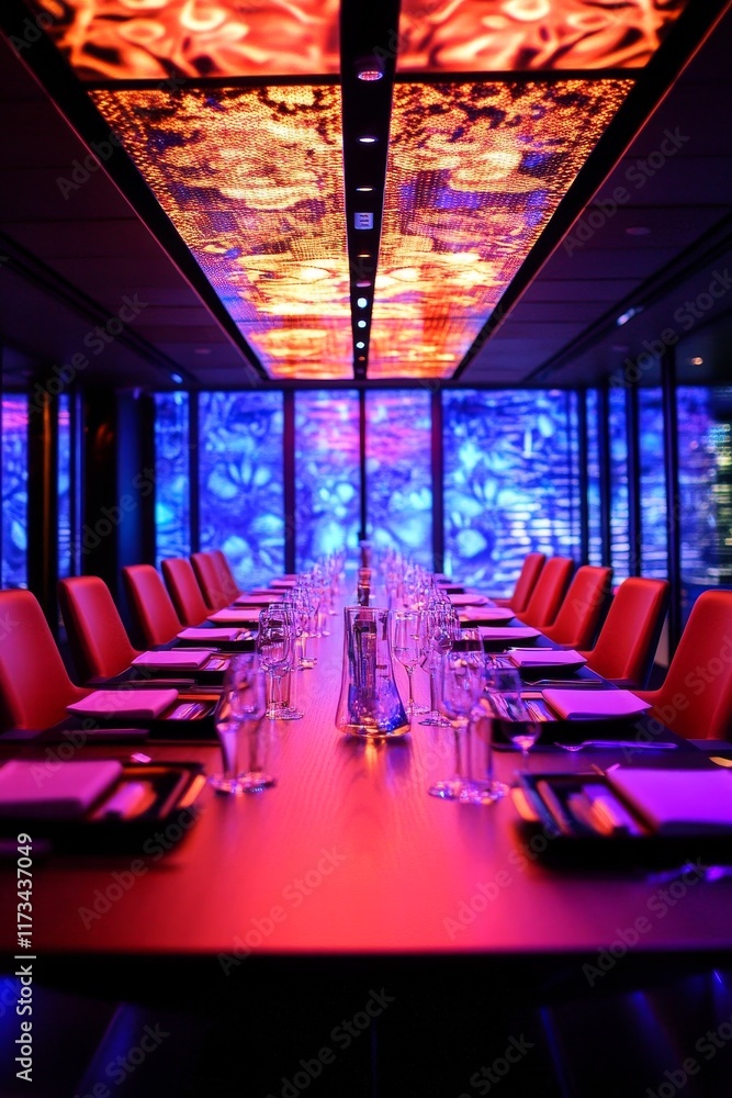 Poster a long table with many chairs and a bottle of water on it. the table is set for a large gathering of