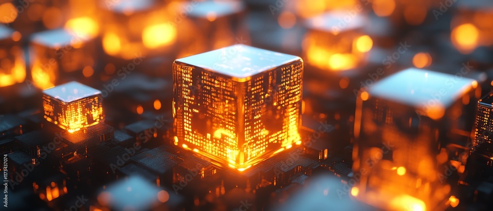 Poster abstract futuristic cyberspace, matrix with binary code, 3d cubes floating through a digital matrix,