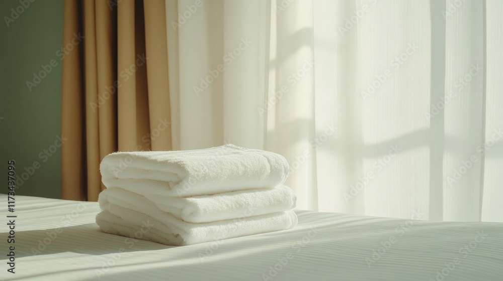 Poster soft sunlight streams through sheer curtains, illuminating a neat stack of fresh white towels placed
