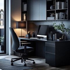 Fototapeta premium Modern home office with desk, computer, chair, city view