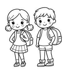 Children Black Outline Holding School Bag with a book Line art vector clipart illustration .	