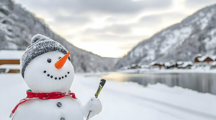 Snowman with skis in snowy mountains, winter sunset, village background; ideal for winter holiday cards.