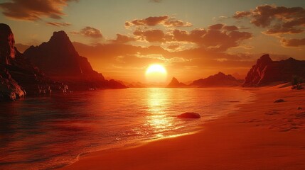 Vibrant sunset over a tranquil beach with dramatic mountains in the background.