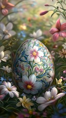 A beautifully decorated egg surrounded by colorful flowers in a serene garden setting.