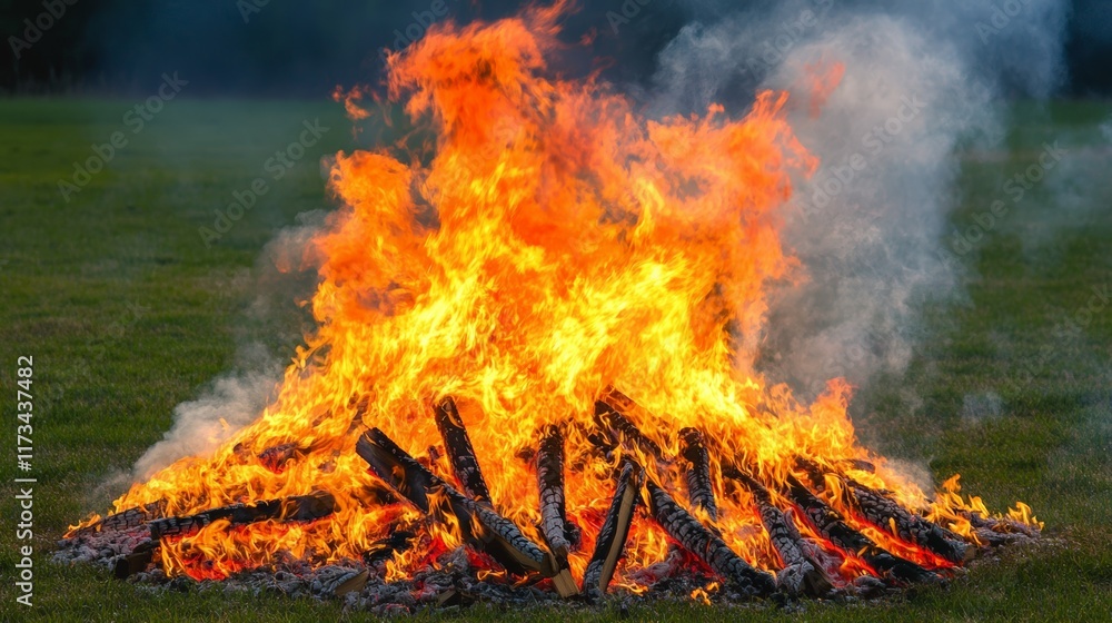 Poster big bonfire blazing with intense flames and swirling smoke, illuminating a grassy field at dusk, cre