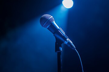 Obraz premium A microphone under a blue spotlight on stage, ideal for themes of music, performance, and entertainment.