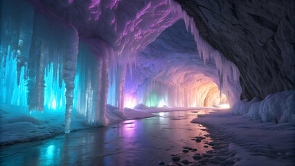 Obraz premium Stunning Ice Cave with Colorful Lights and Icicles Reflection