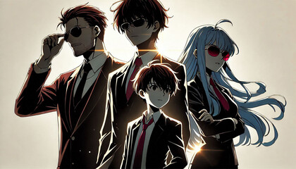 Stylish Animated Trio With Sunglasses in Elegant Suits Highlighted Dramatically