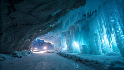 Stunning Ice Cave with Glowing Blue Illumination and Icicles