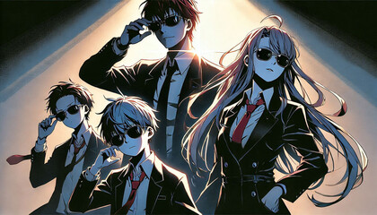 Stylish Animated Trio With Sunglasses in Elegant Suits Highlighted Dramatically