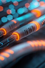 A close up of a wire with orange and blue lights on it. The wire is surrounded by other wires and the lights are glowing brightly. Concept of technology and innovation, with the bright colors
